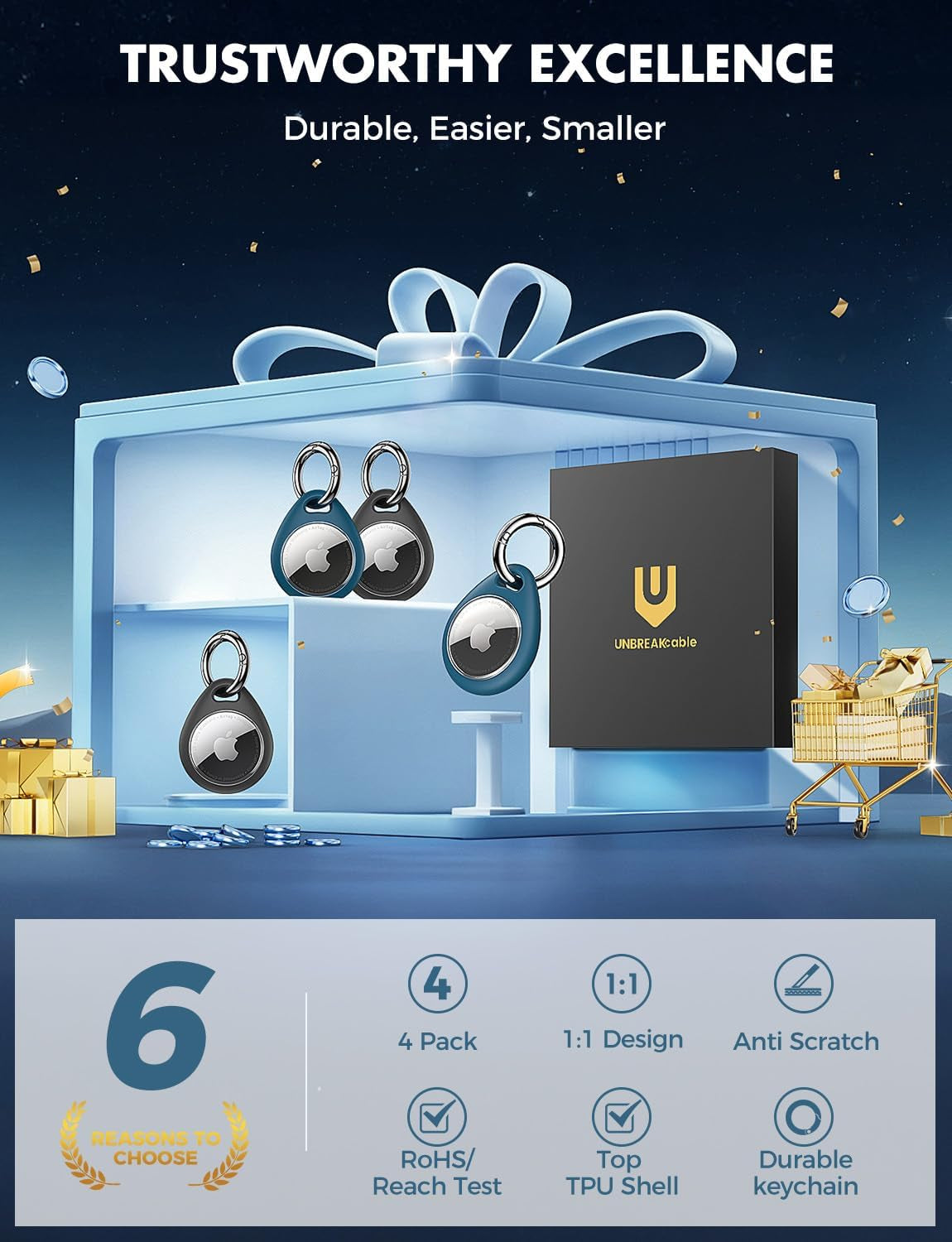 360° Protective Case for Airtag, [4-Pack] Airtags Keyring Holder, Scratch-Resistant, Lock Design, Keychain for Airtag, TPU Full Cover Case for Key, Bag, Luggage, Pet Collar (Black&Blue)