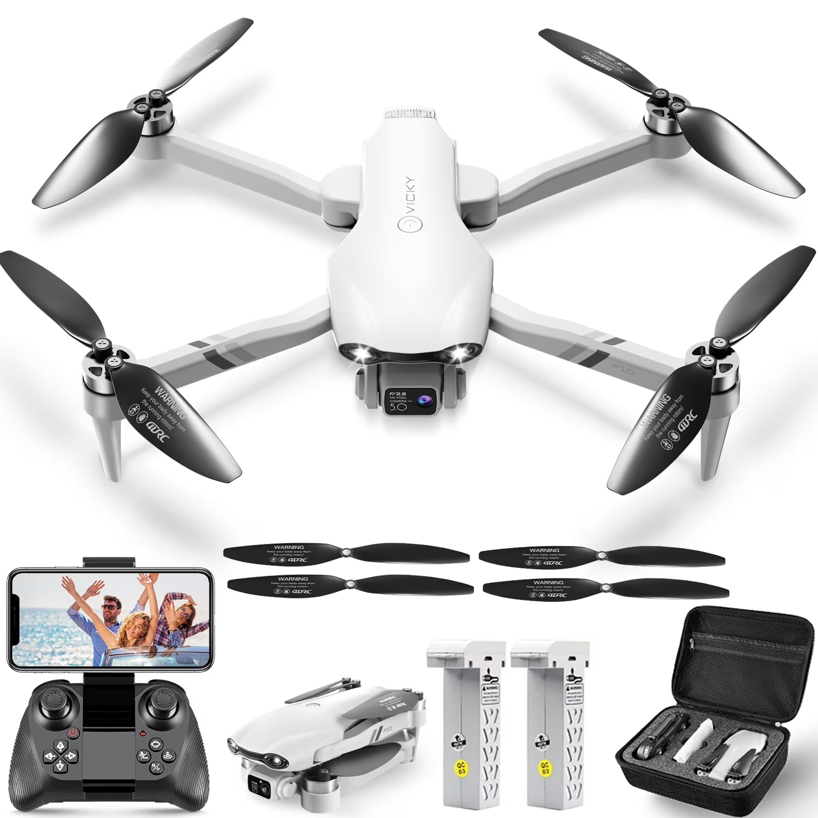 F10-1080P Wifi FPV Drone with 1080P HD Camera, Headless Mode/3D Flips, RC Quadcopter for Beginners Silver White